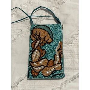 Bamboo Trading Company Beaded Jellyfish Crossbody Phone Bag Turquoise Pearl